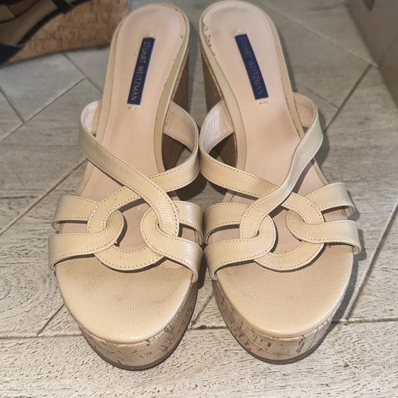 Stuart Weitzman Cadence Leather Platform Wedge Cork Sandals - Picture 6 of 7